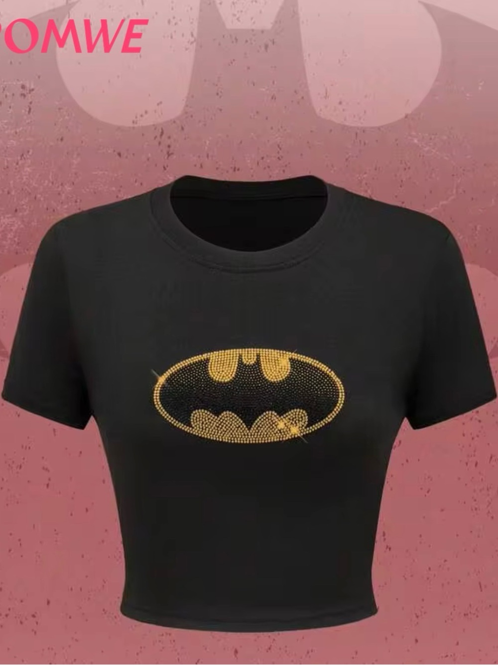 Romwe Batman crop top with gold rhinestone Batman logo
Size M